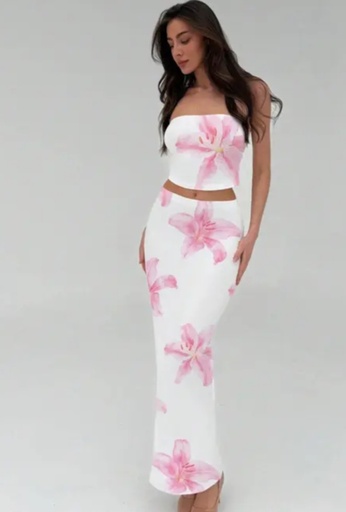 White floral co ord set| tube top and maxi skirt